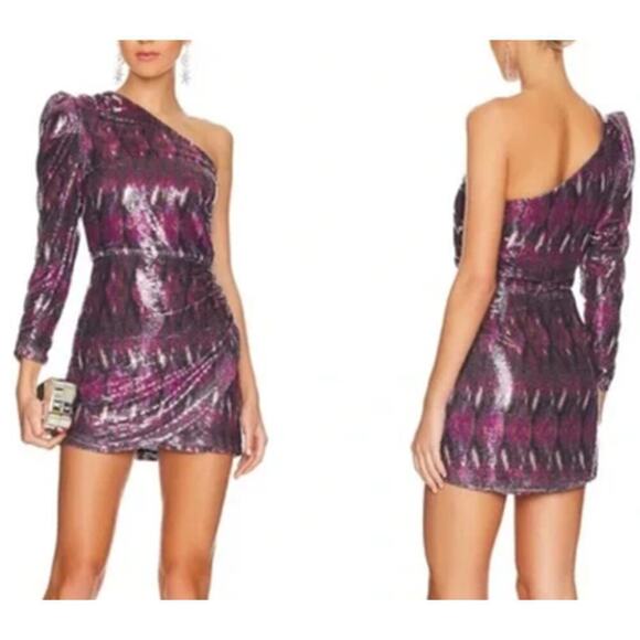 Misa Nova Dress One Shouldered Mini Purple Sequins L - Picture 1 of 14